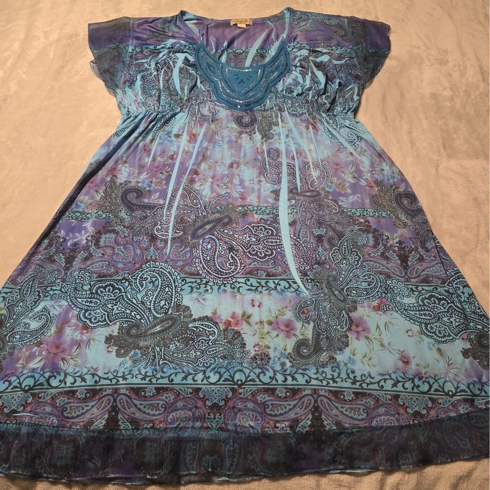 One World Womens L Purple Aqua Boho Midi Dress Floral Abstract Cottagecore